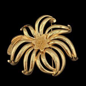 Monet Gold Tone Textured Flower Brooch Swirling Petals Vintage Large 2 Inches
